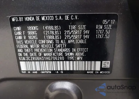2017 Honda Hr-V Lx z USA, uszkodzony, nr VIN 3CZRU6H31HG706280